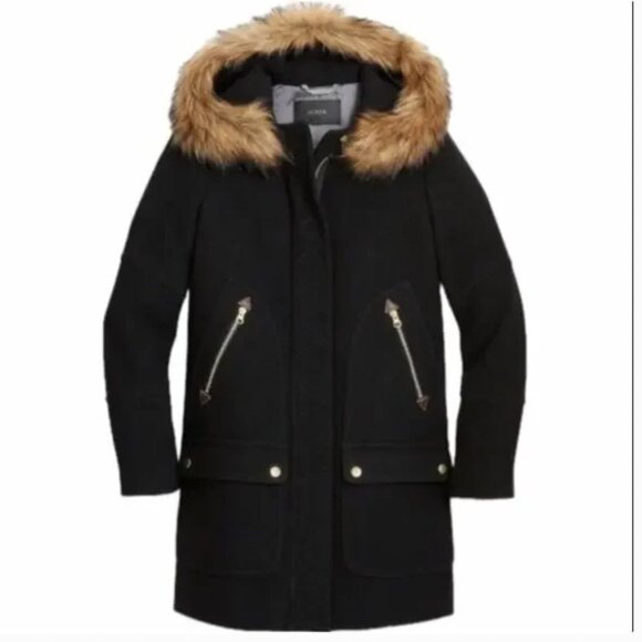 J Crew Black Italian Wool Coat with Fur Trim Hood - Picture 2 of 11